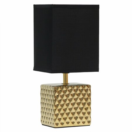 SIMPLE DESIGNS 11.81in Tall Petite Hammered Metallic Gold Square Bedside Table Lamp, Rectangular Black Fabric Shade LT1131-GLD